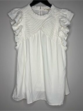 Entro White Ruffle Sleeve Pleated Blouse Women’s Size S Romantic Cottagecore Top